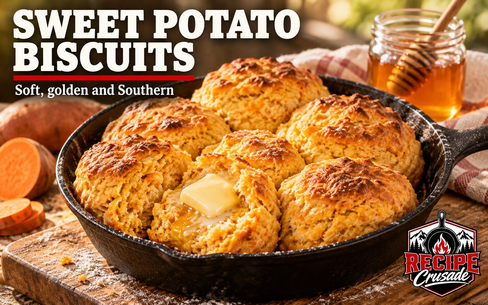 Golden-orange sweet potato biscuits in a cast-iron skillet, one split open with melting butter, with honey and a sweet potato nearby. AI-generated illustration.